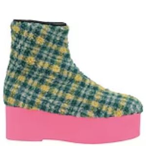 Marni Luxury Teal Tweed Ankle Boots - Pink Platform Soles